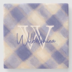 Monogram navy blue cream plaid tartan gingham stone coaster