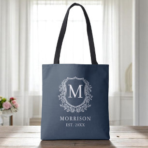 Monogram Navy Blue Crest Botanical Wedding  Tote Bag