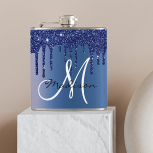 Monogram Navy Blue Dripping Glitter Drips Hip Flask