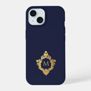 Monogram Navy Blue Elegant Faux Gold Crest Initial iPhone 15 Case
