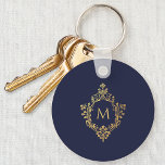 Monogram Navy Blue Elegant Faux Gold Crest Initial Key Ring<br><div class="desc">An navy and gold elegant monogram design with a vintage air. The golden monogram initial is inside a vintage faux gold foil crest, the background is navy blue. The vintage floral crest from an old book cover binding, of the book "Rust, Smut Mildew & Mould", from 1870, now in the...</div>