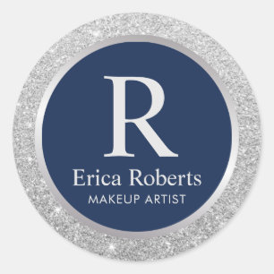 Monogram Navy Blue Elegant Silver Glitter Classic Round Sticker