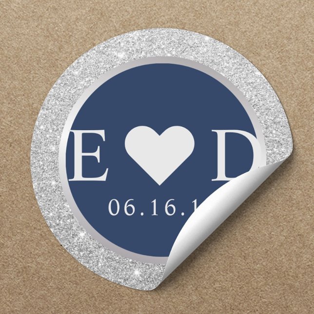 Monogram Navy Blue Elegant Silver Glitter Wedding Classic Round Sticker (Creator Uploaded)