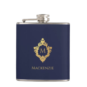 Monogram Navy Blue Faux Gold Elegant Vintage Crest Hip Flask
