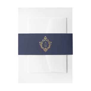 Monogram Navy Blue Faux Gold Elegant Vintage Crest Invitation Belly Band