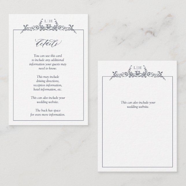 Monogram Navy Blue Floral Border Wedding Details Enclosure Card (Front/Back)