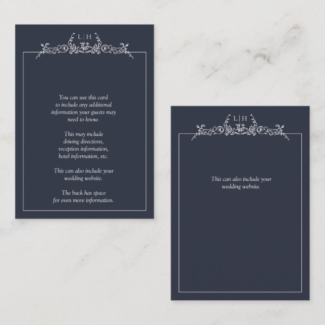 Monogram Navy Blue Floral Border Wedding Details Enclosure Card (Front/Back)