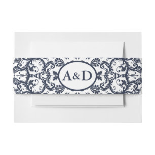 Monogram Navy Blue Floral Damask Invitation Belly Band
