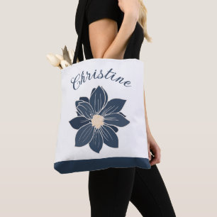 Monogram Navy Blue Flower Bridesmaid Gift Tote Bag