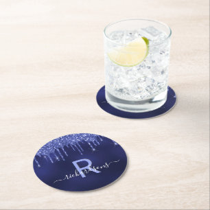 Monogram navy blue glitter drips luxurious round paper coaster