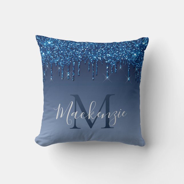 Monogram Navy Blue Glitter Modern Chic Sparkly  Cushion (Front)