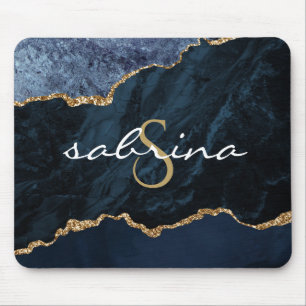 Monogram Navy Blue Gold Agate Geode Mouse Pad
