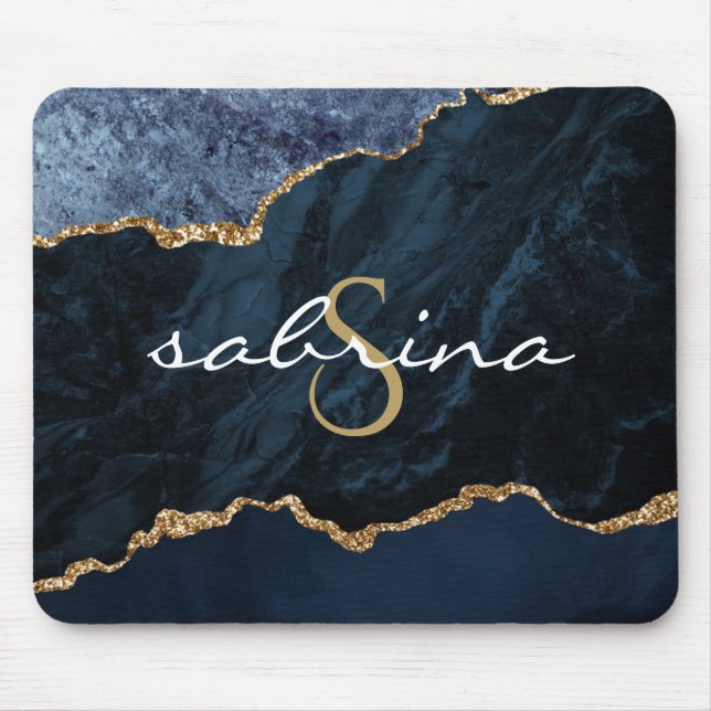 Monogram Navy Blue Gold Agate Geode Mouse Pad (Front)