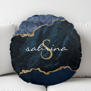 Monogram Navy Blue Gold Agate Geode Round Cushion