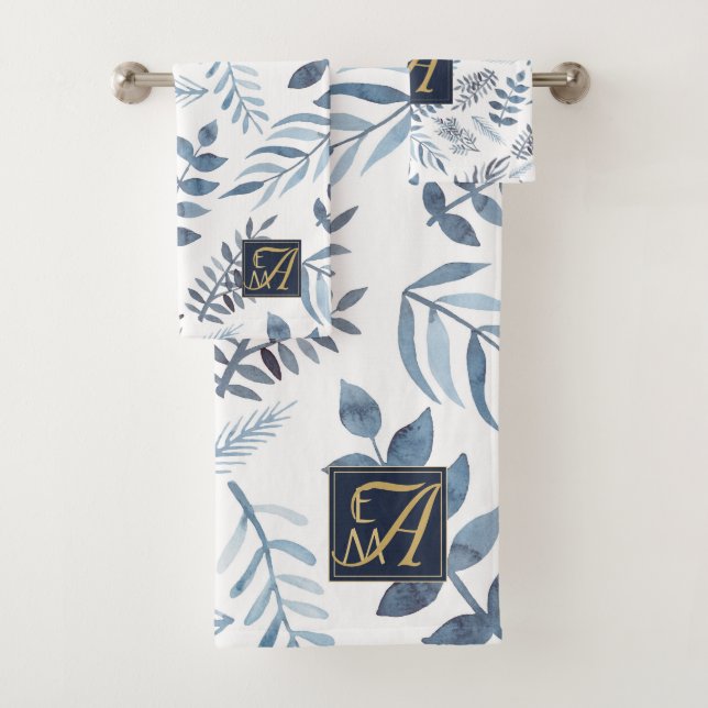 Monogram Navy Blue Gold Botanical Leaves Ferns Bath Towel Set (Insitu)