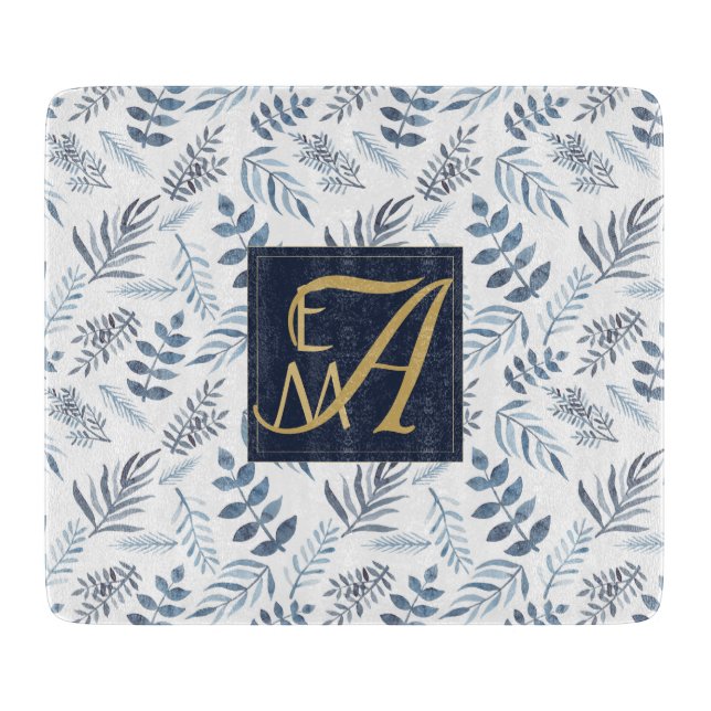 Monogram Navy Blue Gold Botanical Leaves Ferns Cutting Board (Front)