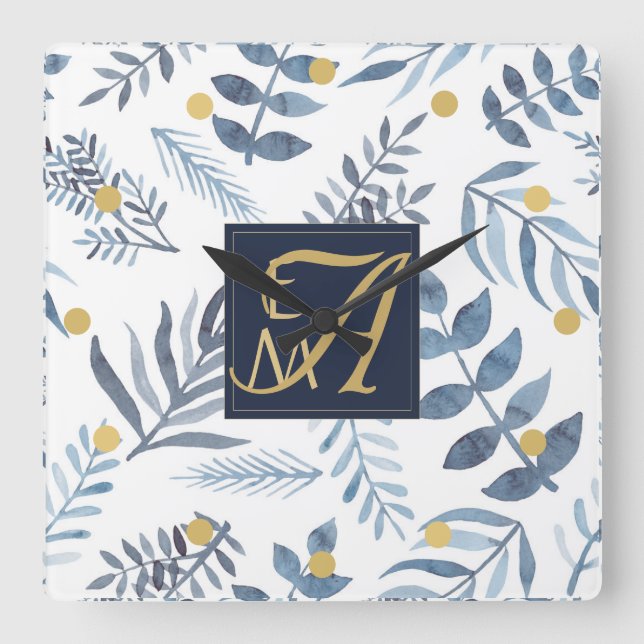 Monogram Navy Blue Gold Botanical Leaves Ferns Square Wall Clock (Front)