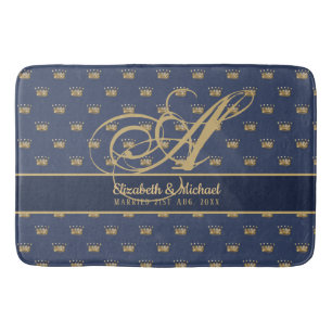 Monogram Navy Blue Gold Crown King Queen NEWLYWEDS Bath Mat