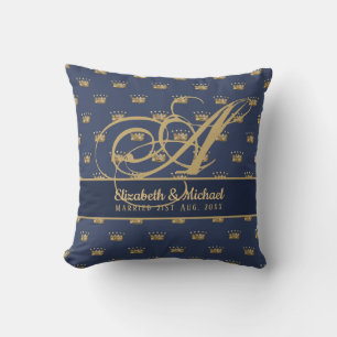 Monogram Navy Blue Gold Crown King Queen NEWLYWEDS Cushion
