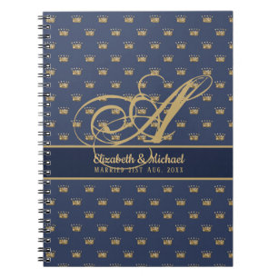 Monogram Navy Blue Gold Crown King Queen NEWLYWEDS Notebook