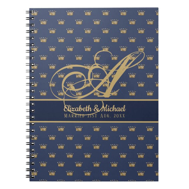 Monogram Navy Blue Gold Crown King Queen NEWLYWEDS Notebook (Front)