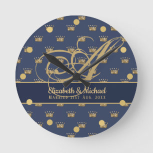 Monogram Navy Blue Gold Crown King Queen NEWLYWEDS Round Clock