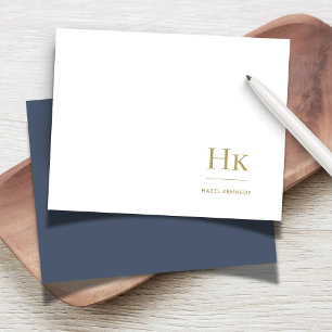 Monogram Navy Blue Gold Elegant Social Notecard