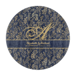 Monogram Navy Blue Gold Leaf Newlyweds Wedding Cutting Board