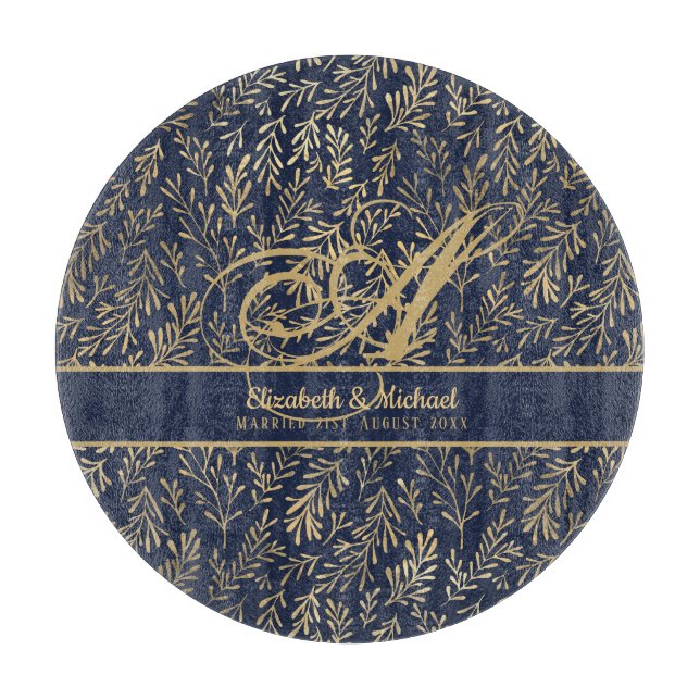 Monogram Navy Blue Gold Leaf Newlyweds Wedding Cutting Board (Front)