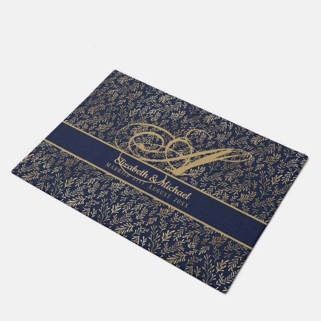 Monogram Navy Blue Gold Leaf Newlyweds Wedding Doormat (Angled)