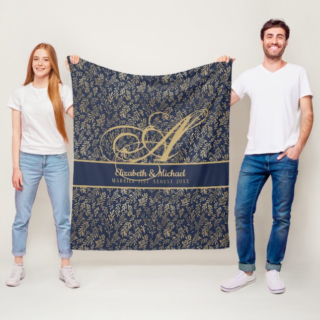 Monogram Navy Blue Gold Leaf Newlyweds Wedding Fleece Blanket (In Situ)