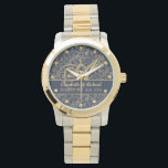Monogram Navy Blue Gold Leaf Newlyweds Wedding Watch<br><div class="desc">Elegant commemorative wedding gift for the newlyweds allowing you add their surnma emonogram,  names and wedding date. Pattern here is a lovely deep navy blue with gold coloured leaf pattern.</div>