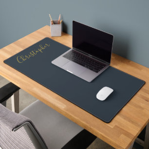 Monogram Navy Blue Gold Script Name Minimalist Men Desk Mat