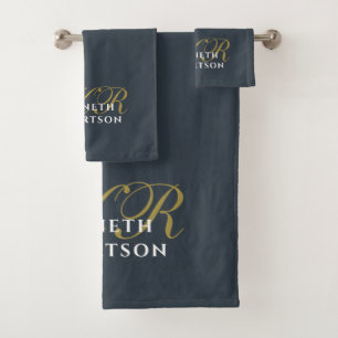 Monogram Navy Blue Gold White Minimalist Chic Men  Bath Towel Set