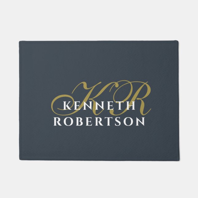 Monogram Navy Blue Gold White Minimalist Chic Men  Doormat (Front)