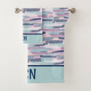 Monogram Navy Blue Lite Blue Purple White Abstract Bath Towel Set