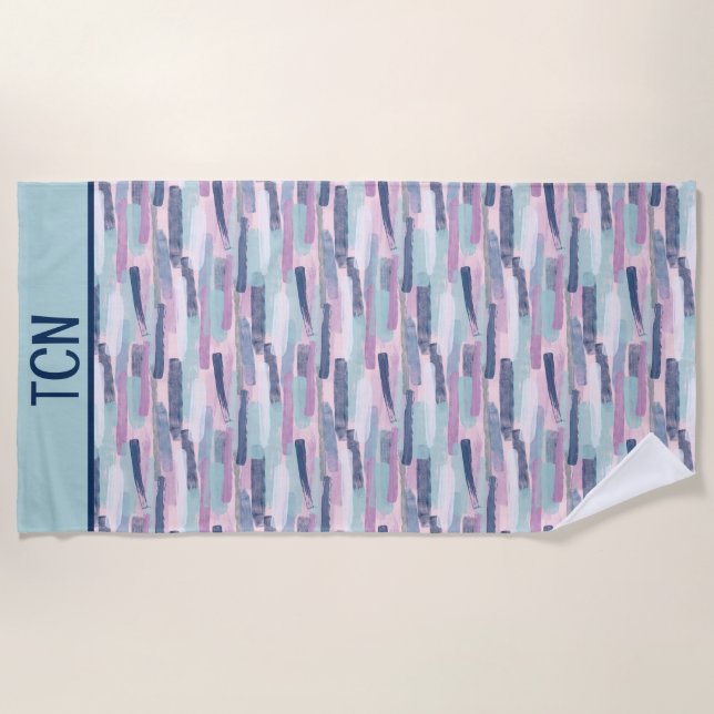 Monogram Navy Blue Lite Blue Purple White Abstract Beach Towel (Front)