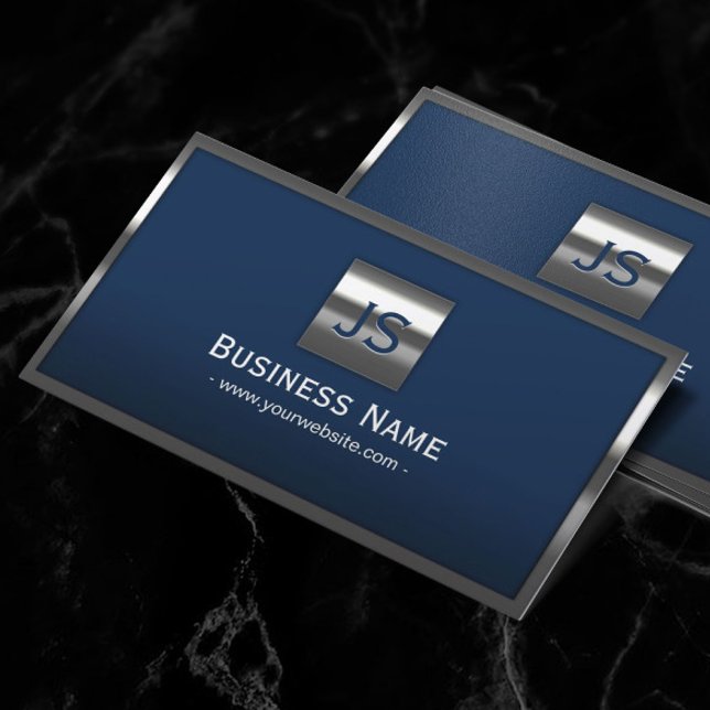 Monogram Navy Blue Modern Metal Frame Professional Business Card (Creator Uploaded)