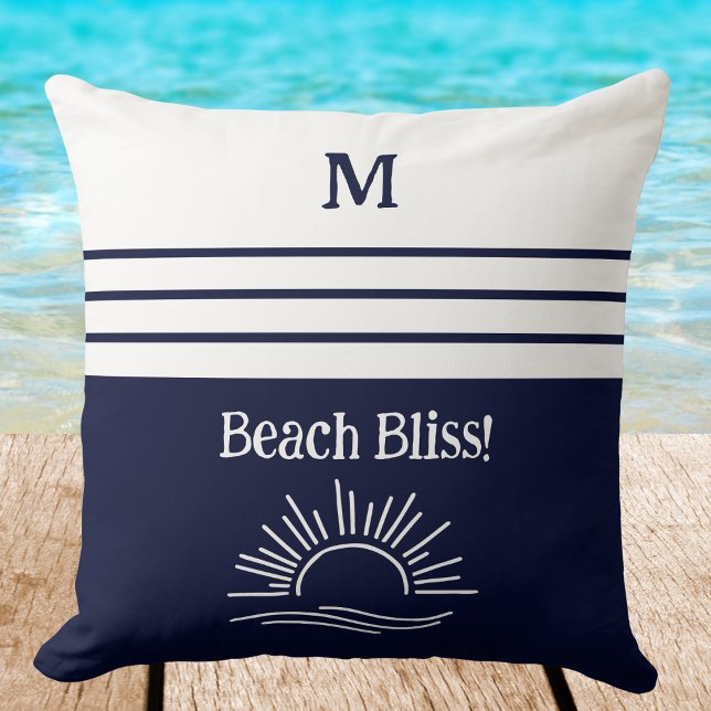 Monogram Navy Blue Nautical Stripes Beach House Cushion (Creator Uploaded)