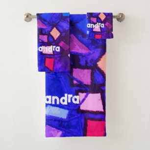 Monogram navy blue pink colourful bright abstract  bath towel set