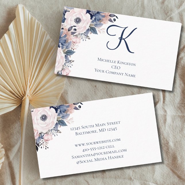 Monogram Navy Blue Pink Floral Women's Business Card (Navy Blue Pink Floral Feminine Business Cards for her.)