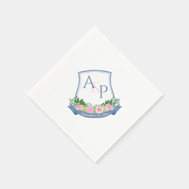 Monogram Navy Blue Pink Roses Wedding Crest Napkin (Corner)