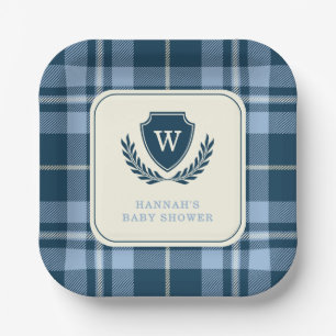 Monogram Navy Blue Plaid Baby Boy Shower Paper Plate