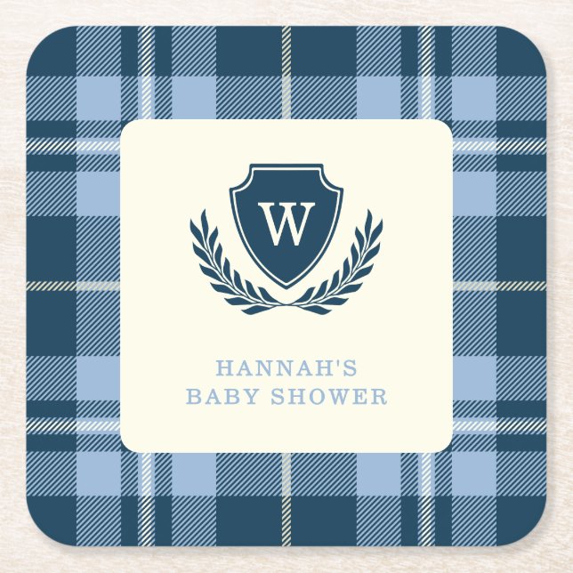 Monogram Navy Blue Plaid Baby Shower Celebration Square Paper Coaster (Front)