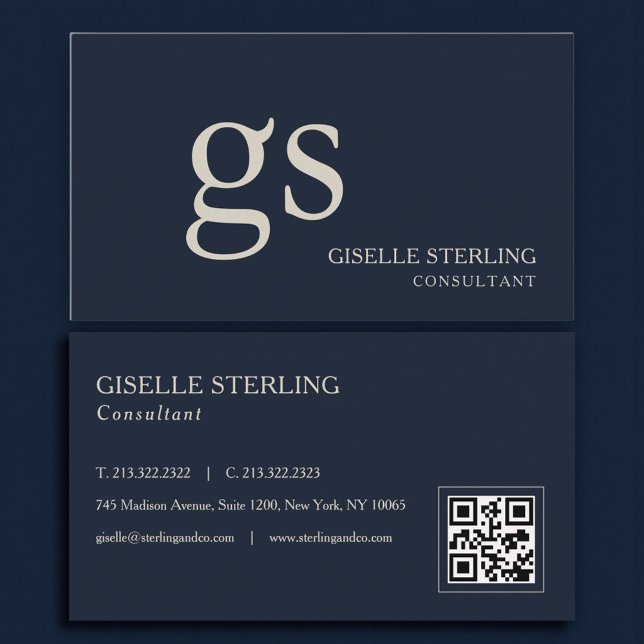 Monogram Navy Blue QR Code Professional Business Card (Creator Uploaded)