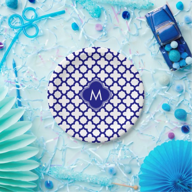 Monogram Navy Blue Quatrefoil Pattern Paper Plate (Party)