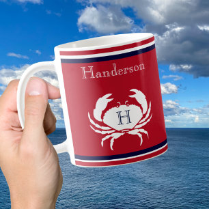 Monogram Navy Blue Red  White Crab Nautical Coffee Mug