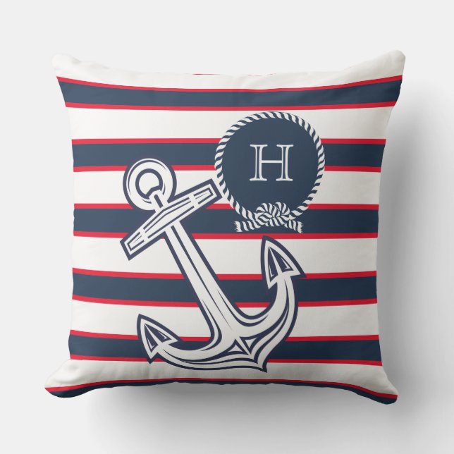 Monogram  Navy Blue Red White Nautical Stripes Cushion (Front)