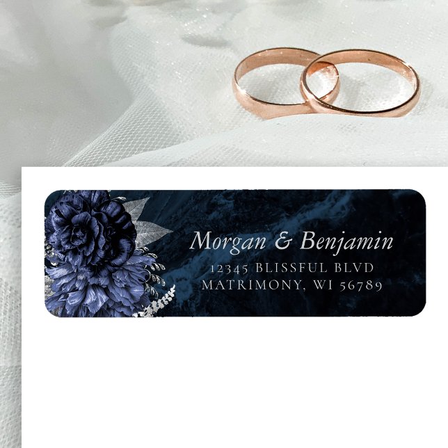 Monogram Navy Blue Silver Floral Return Address Label (Creator Uploaded)