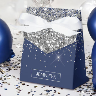 Monogram Navy Blue Silver Glam Glitter Favour Box
